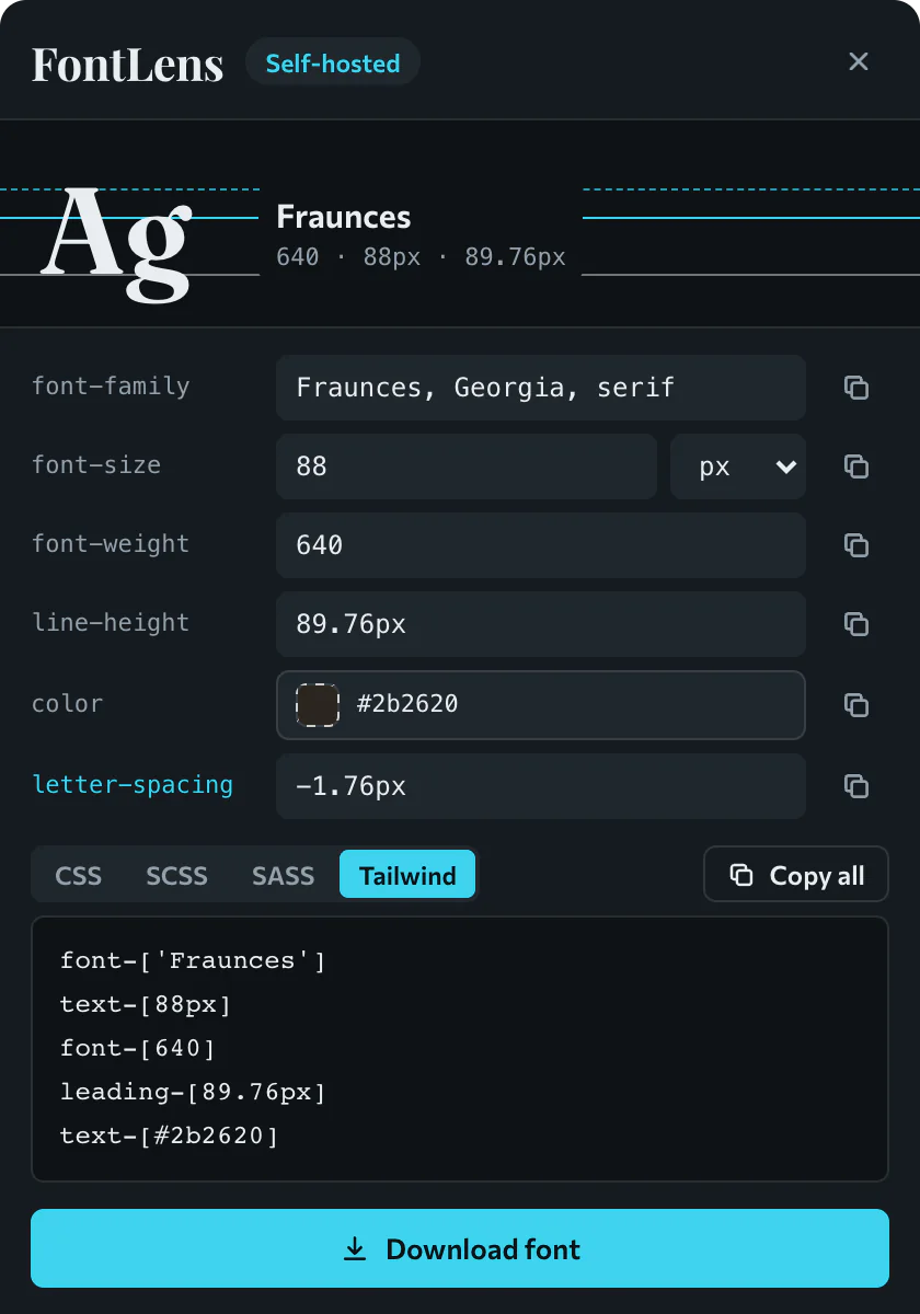 The FontLens inspector: the specimen Ag between cap-height, x-height and baseline guides, the font properties and a Tailwind snippet